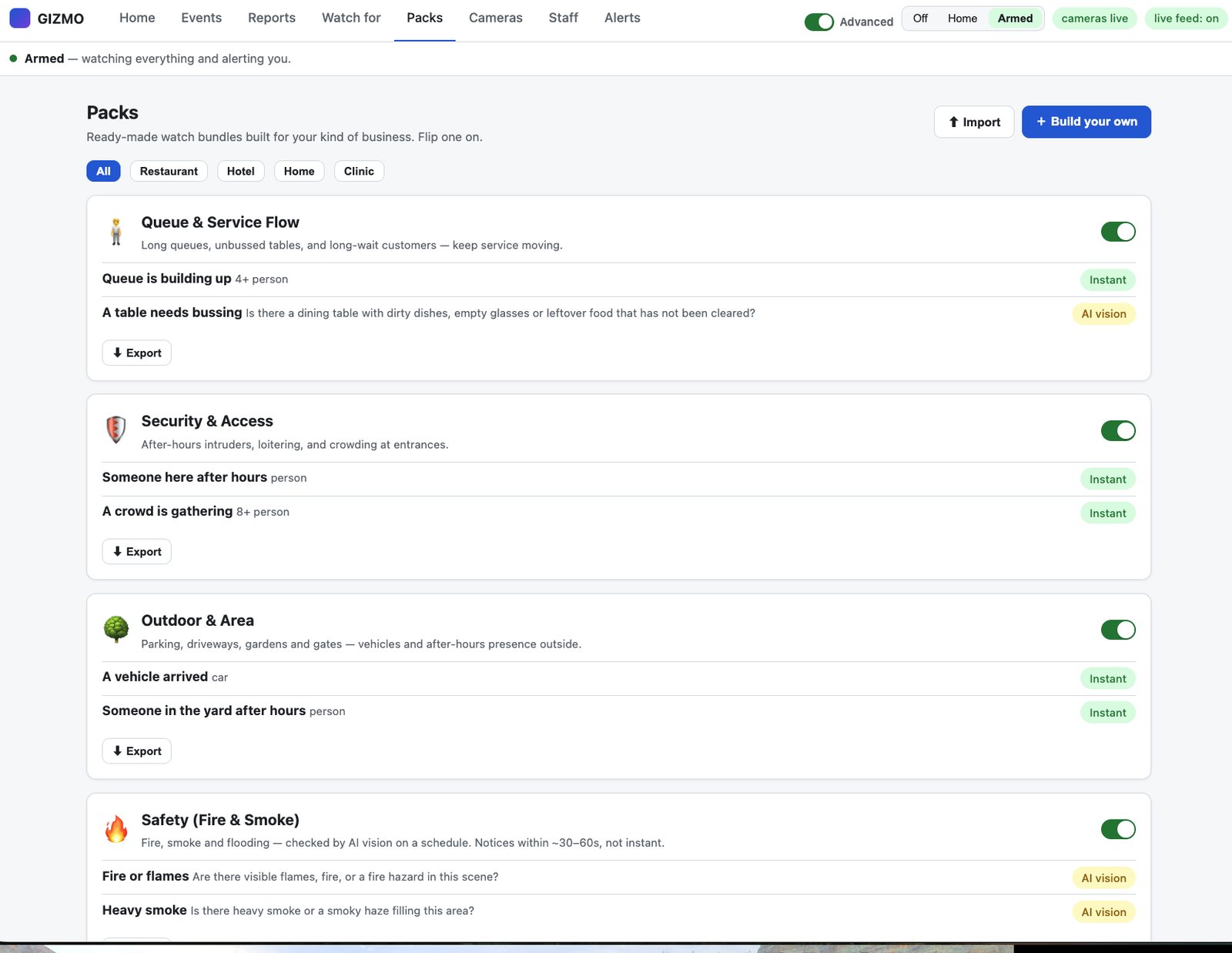 Watch packs — ready-made monitoring bundles per business type with one-tap enable.