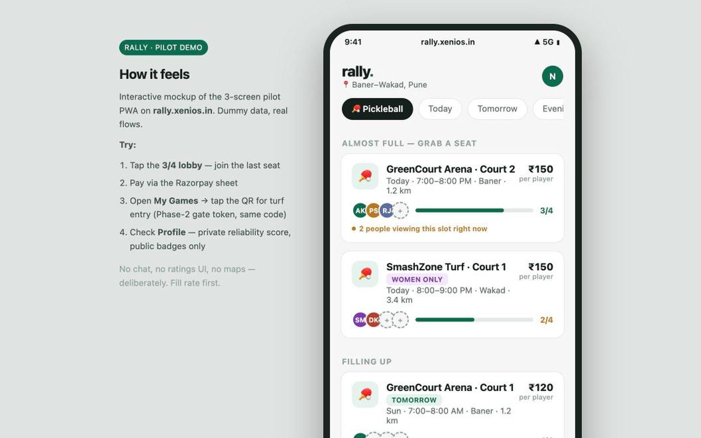 Rally Turf OS booking app: sports turf slots listed with price per player, how many of the four seats are already filled, and a women-only session, ready to join and pay in advance.