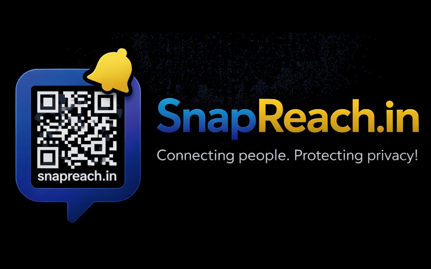 SnapReach brand mark: a QR code inside a message bubble with a notification bell, above the line Connecting people, protecting privacy.