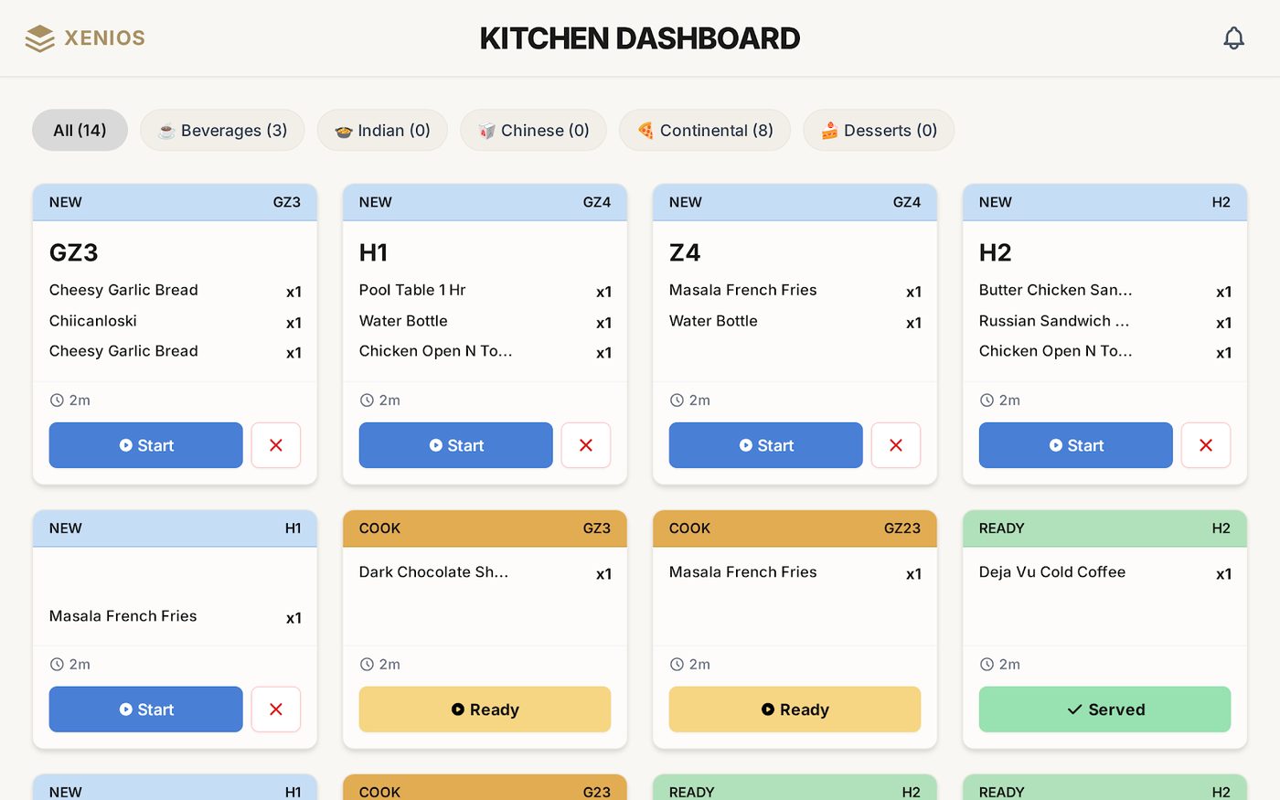 SROS kitchen display system showing live order tickets by table, grouped by course, moving through new, cooking, ready and served states.