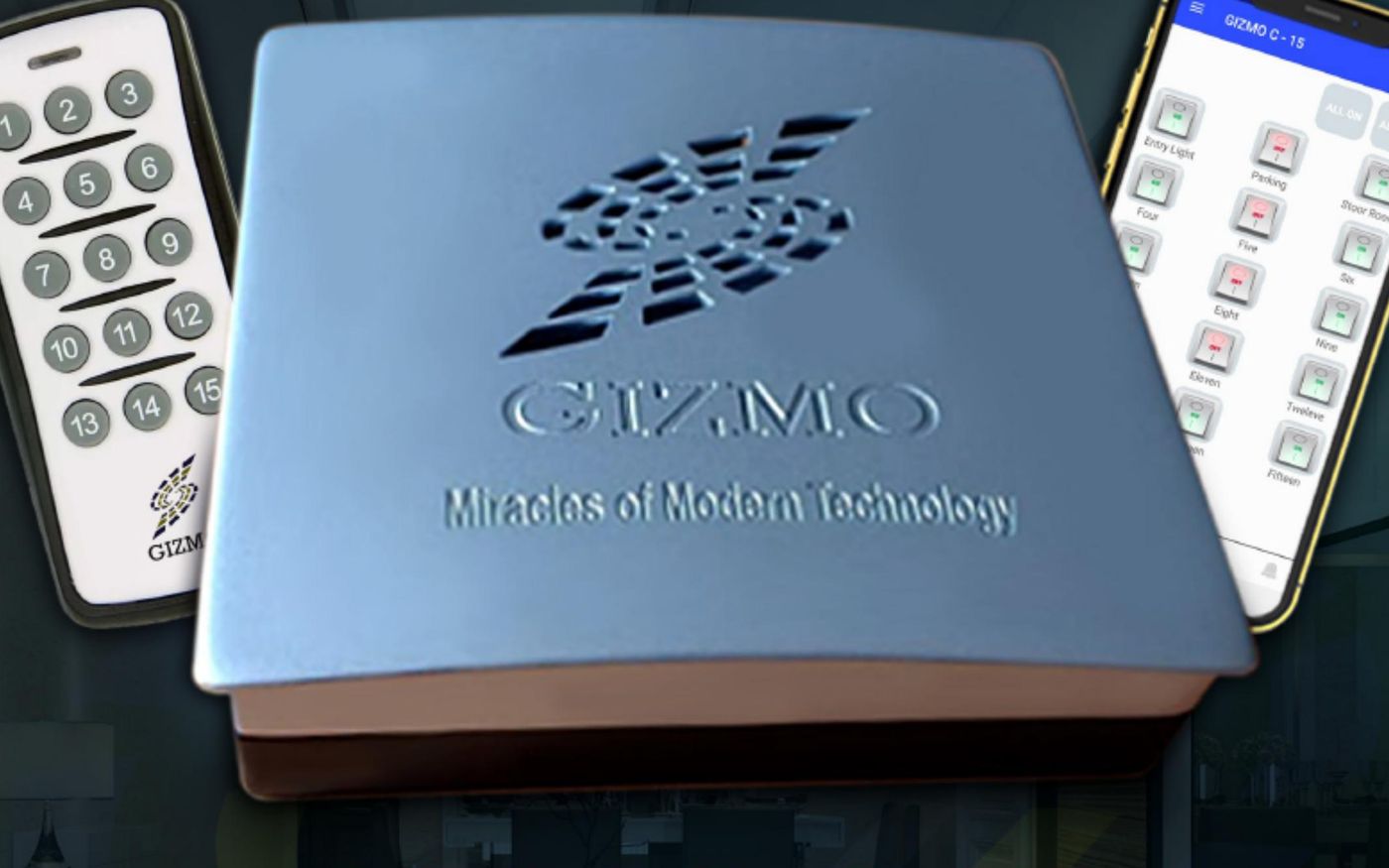 The GIZMO C-15 smart switch with its 15-key remote and mobile app — the retrofit controller that started the company: no rewiring, appliances controlled from anywhere.