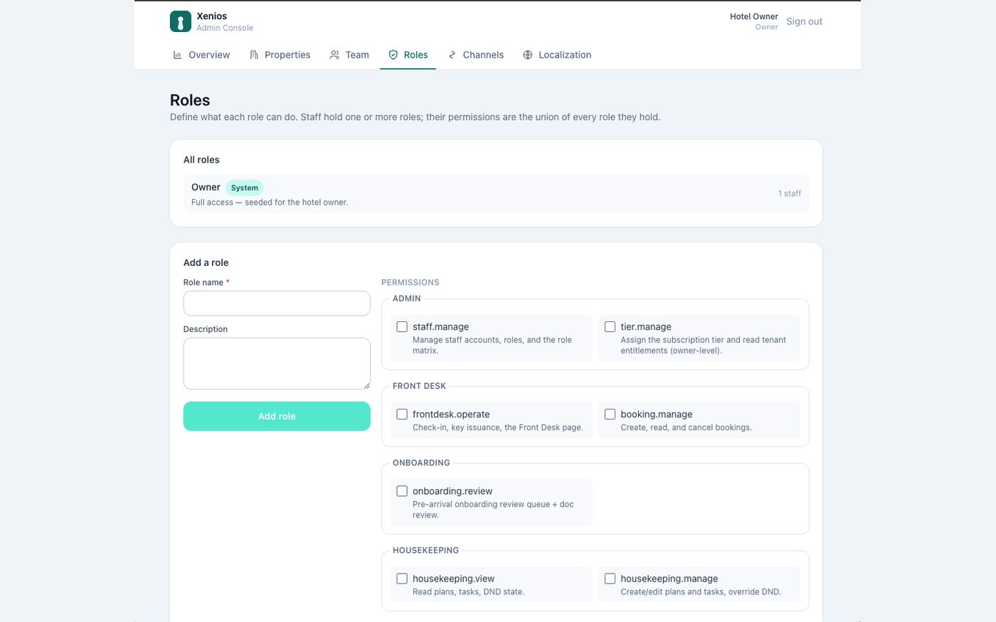 Xenios hotel admin console, Roles screen: staff roles listed with a permission matrix covering front desk, onboarding and housekeeping, so each role only gets the access it needs.